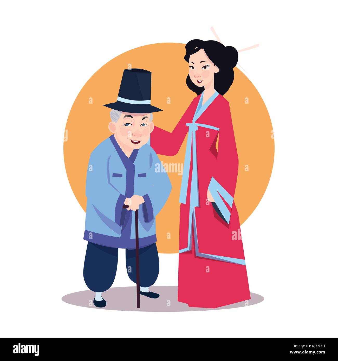 Old Asian Man With Young Woman In Japanese Kimono Korean Characters Wearing Traditional Clothes Stock Vector
