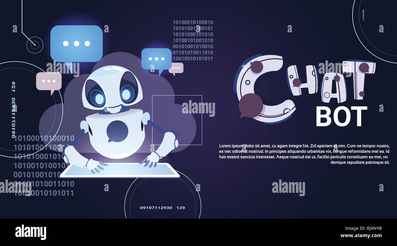 Chatbot Technology, Robotic Chatter Using Digital Tablet Virtual Assistance And Web Support Concept Template Banner With Copy Space Stock Vector