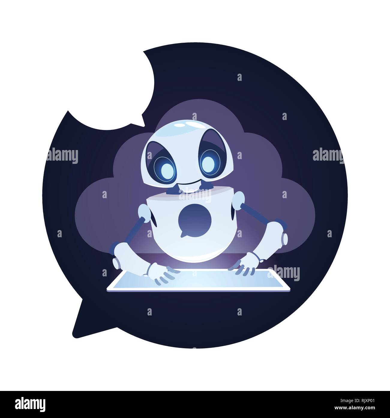 Chatbot Robot Icon Chatter Bot Answer Users Questions Using Digital Tablet Virtual Assistance Concept Stock Vector