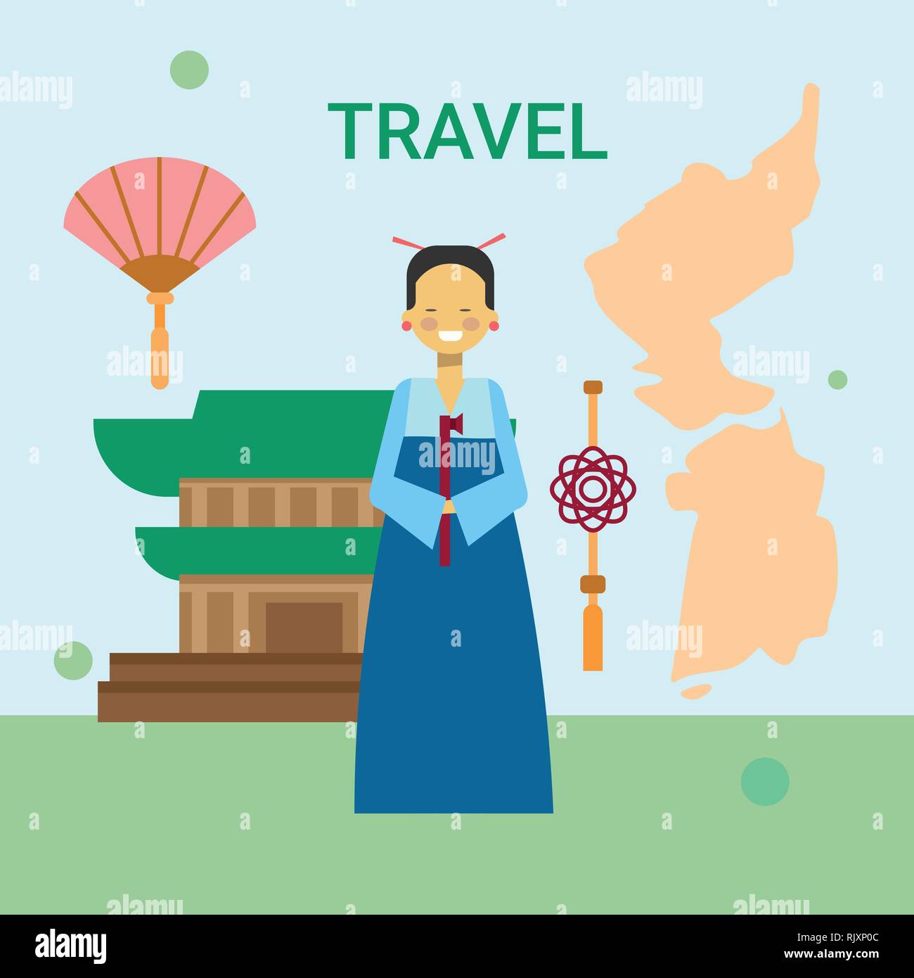 Woman In Traditional Korean Clothes Over Korea Map And Temple Or Palace Building Background Stock Vector