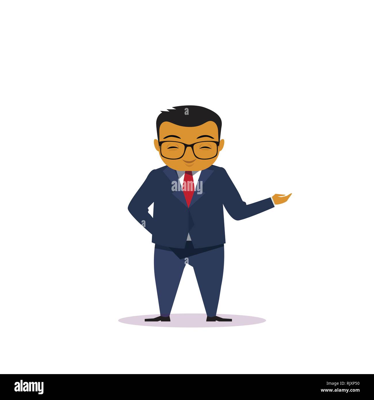 Cartoon Asian Business Man Holding Hand Gesture Presenting Or Showing Isolated Over White Background Stock Vector