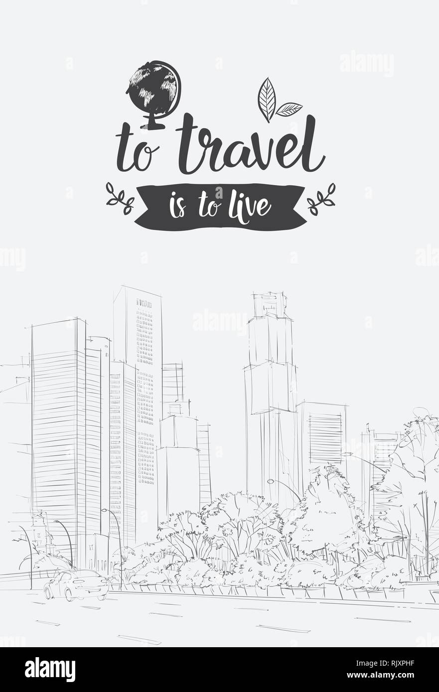 Travel Lettering Hand Drawn Over Sketch City Background Stock Vector