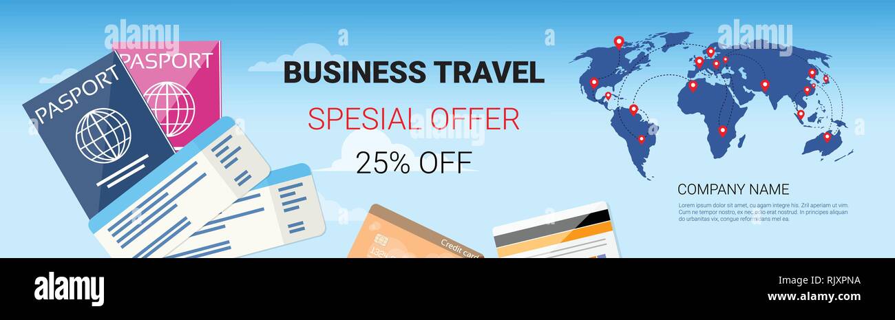 Business Travel Special Offer Template Horizontal Banner, Tourism Agency Seasonal Sale Poster Design Stock Vector