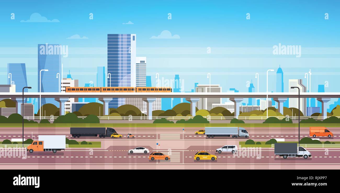 Cityscape Background Modern City Panorama With Highway Road And Subway ...