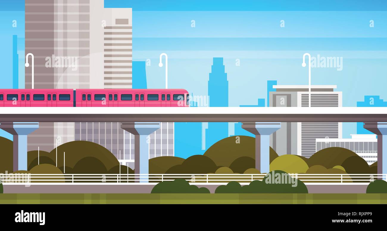 Modern City Skyscrapers View Cityscape Panorama With Subway Train Urban ...