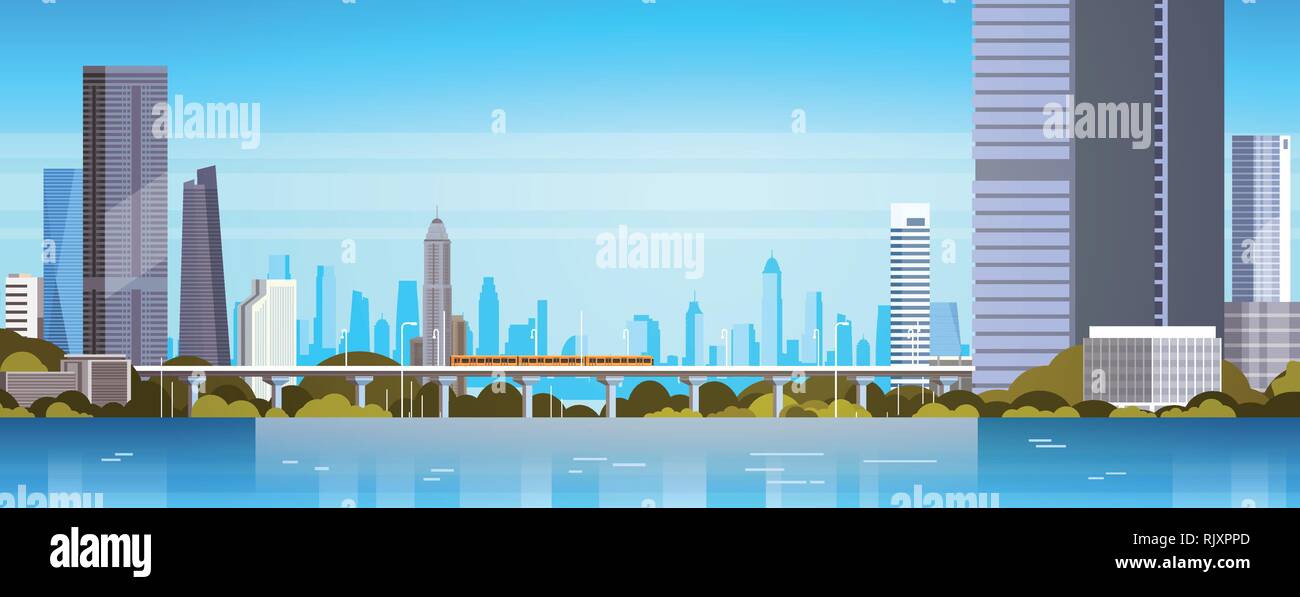 Modern City Panorama With Skyscrapers And Subway Urban Background Stock ...