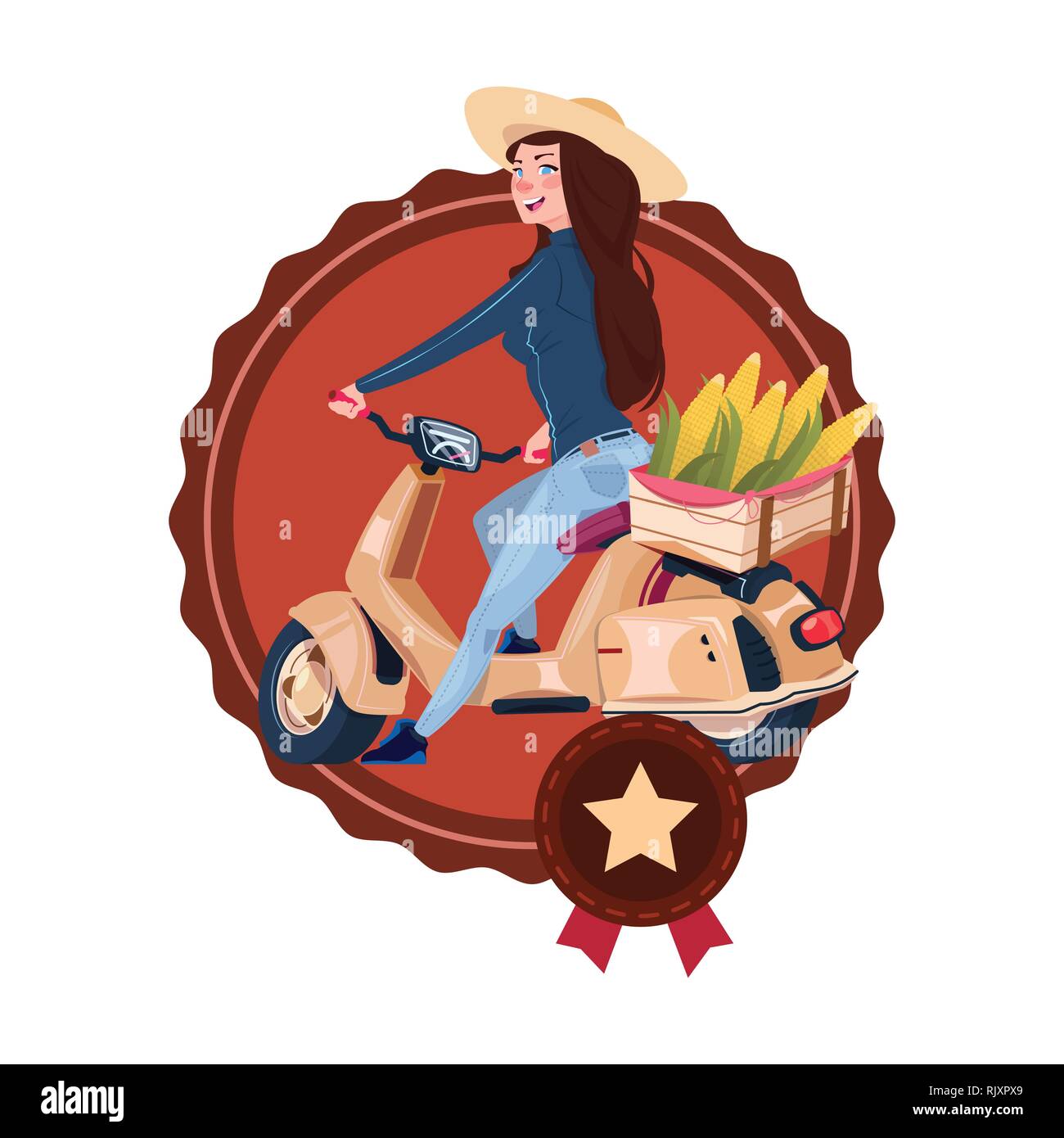 Woman Deliver Eco Food From Farm Riding Retro Scooter Delivery Icon