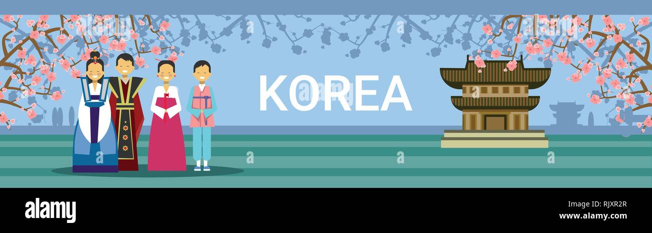 South Korea Travel Destination Banner, Korean People In Traditional ...