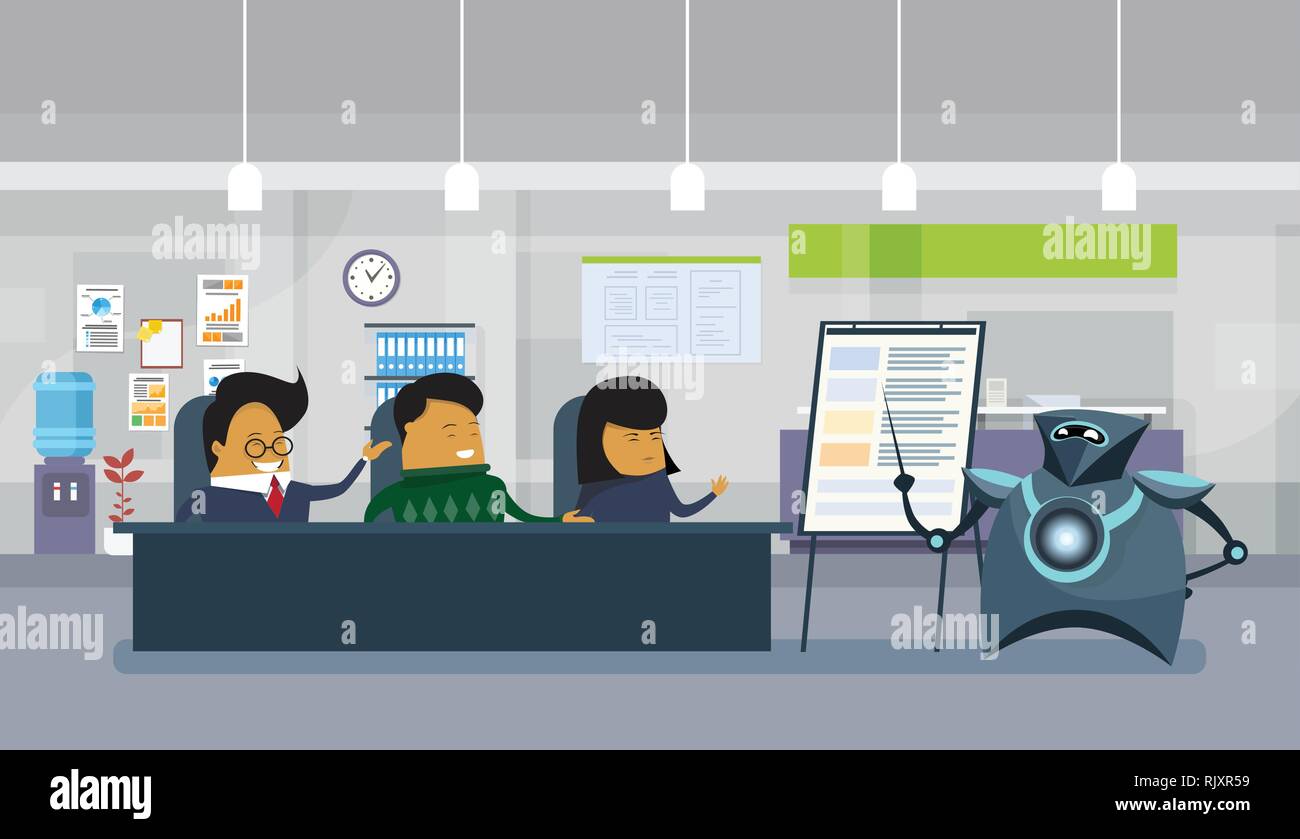 Modern Robot Holding Presentation Or Finance Report In Office, Group Of ...
