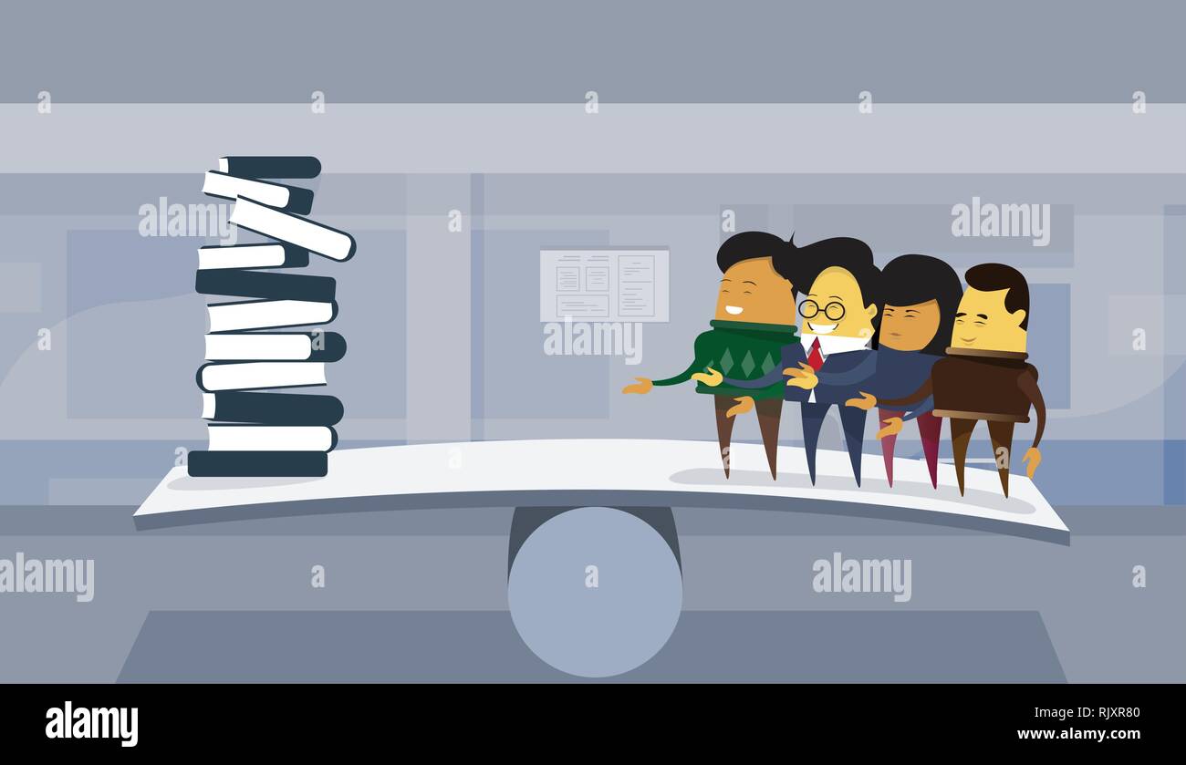 Group Of Asian Business People Vs Books Stack On Balance Scale Office Background Stock Vector