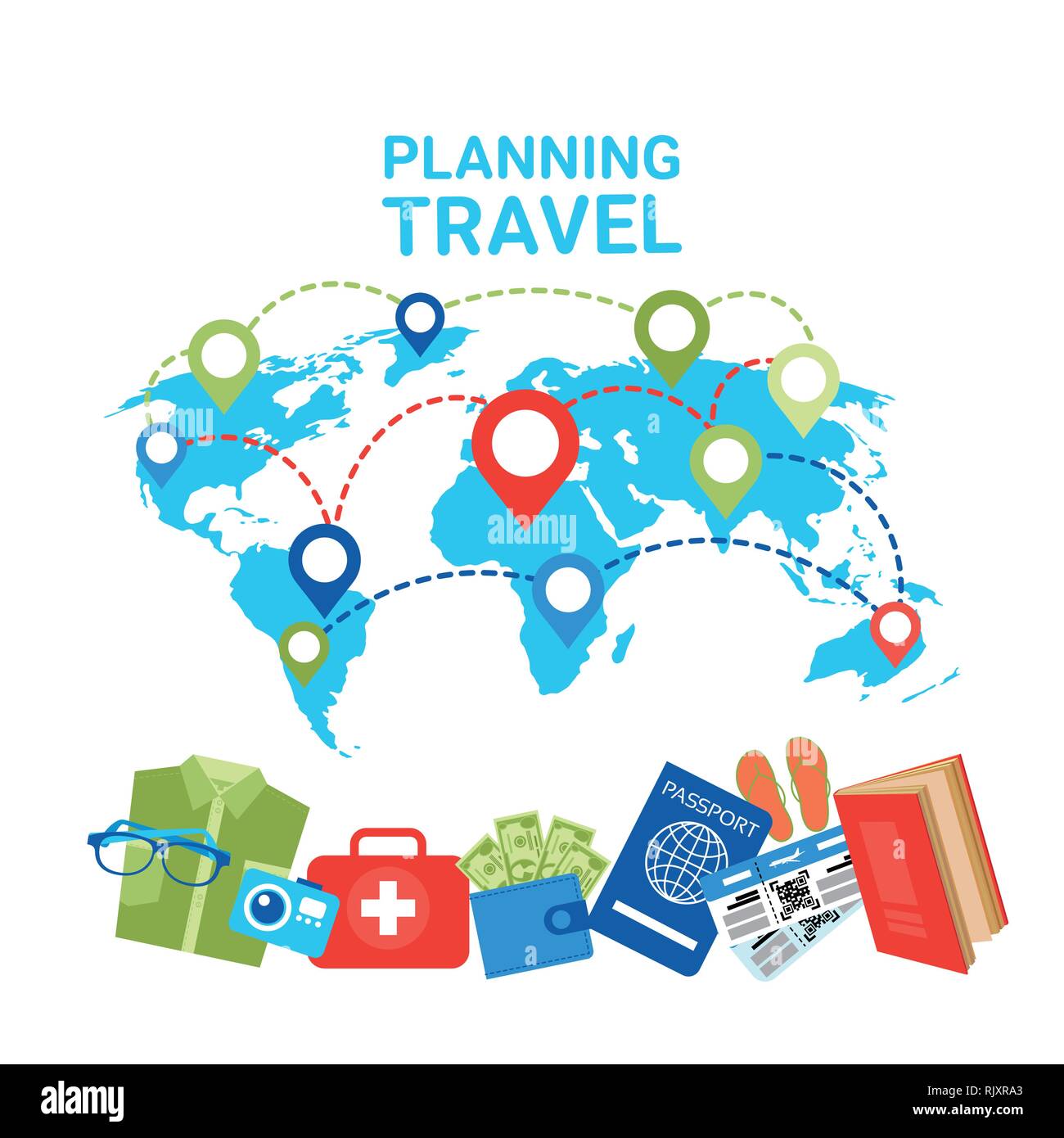 Planning Travel Concept Pointers On World Map Baggage Items Icons Stock