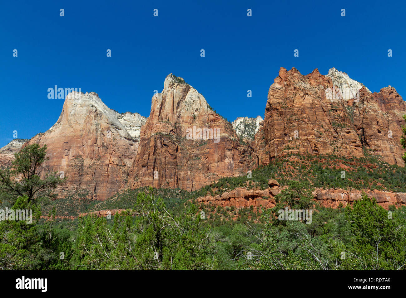 The Court of the Patriarchs (L-R: Abraham Peak, Isaac Peak, and Jacob Peak) in Zion National Park, Springdale, Utah, United States. Stock Photo