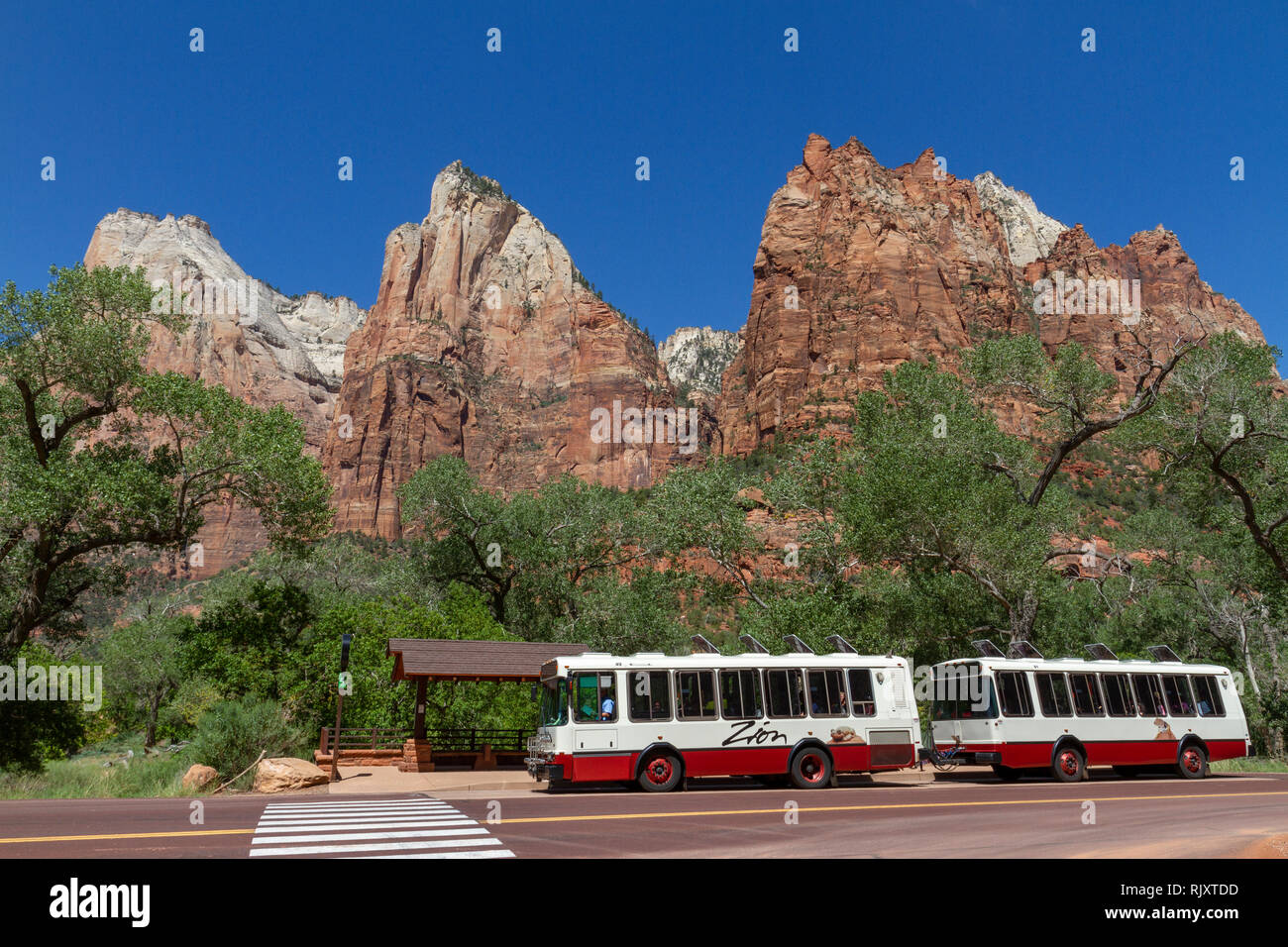 The Court of the Patriarchs (L-R: Abraham Peak, Isaac Peak, and Jacob Peak) in Zion National Park, Springdale, Utah, United States. Stock Photo