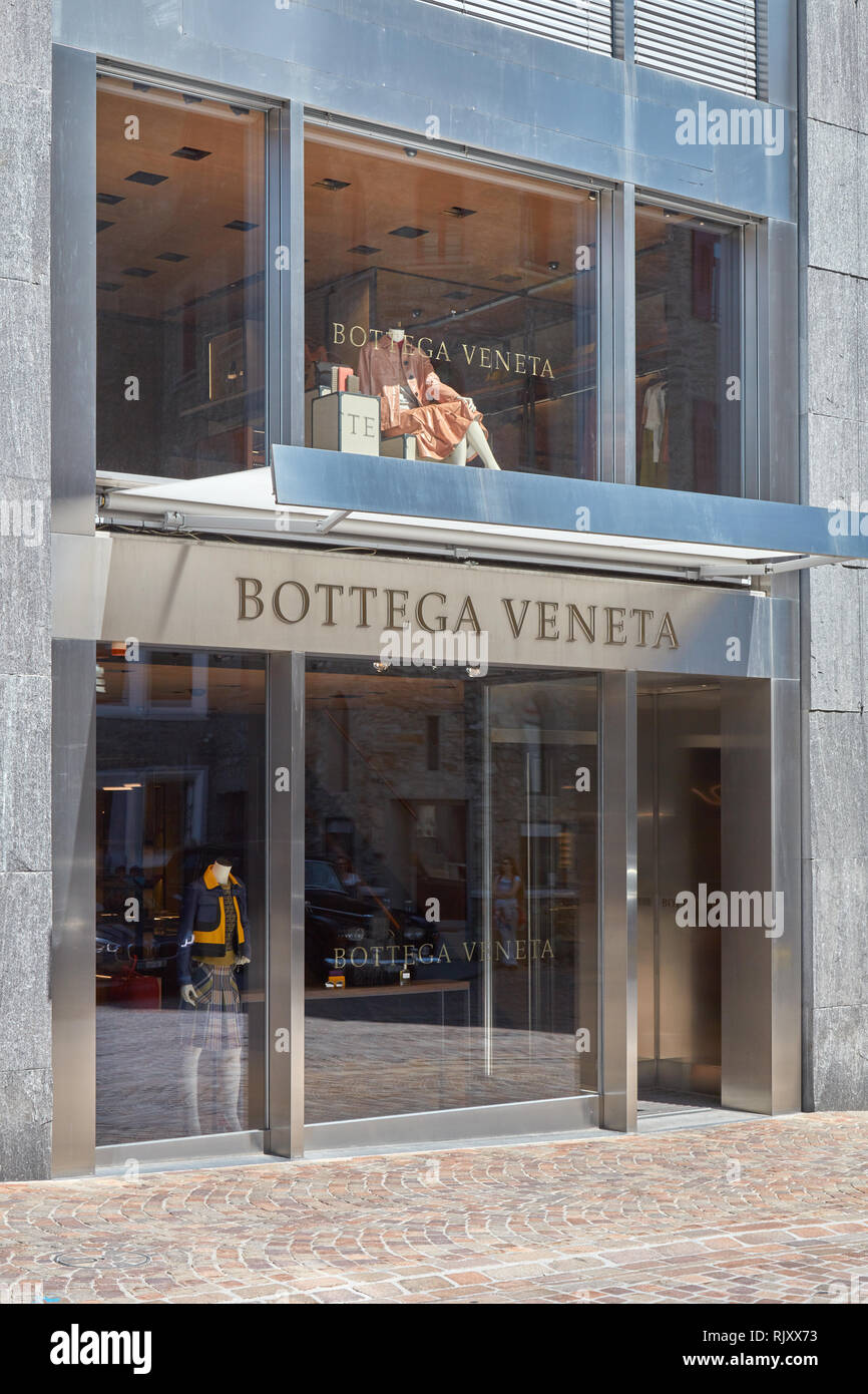 SANKT MORITZ, SWITZERLAND - AUGUST 16, 2018: Bottega Veneta luxury store in a sunny summer day in Sankt Moritz, Switzerland Stock Photo