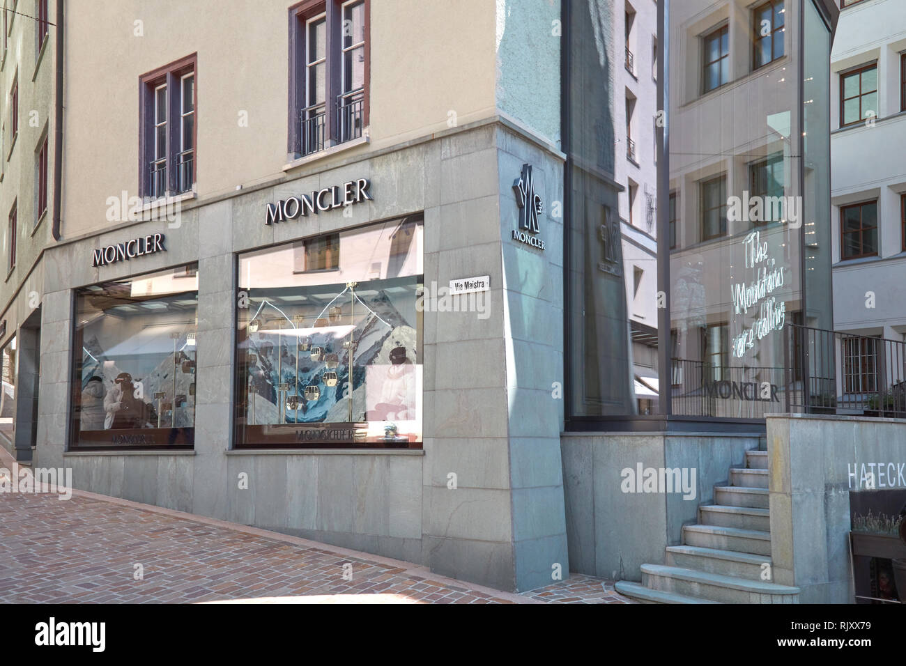 SANKT MORITZ, SWITZERLAND - AUGUST 16, 2018: Moncler luxury store in a  sunny summer day in Sankt Moritz, Switzerland Stock Photo - Alamy