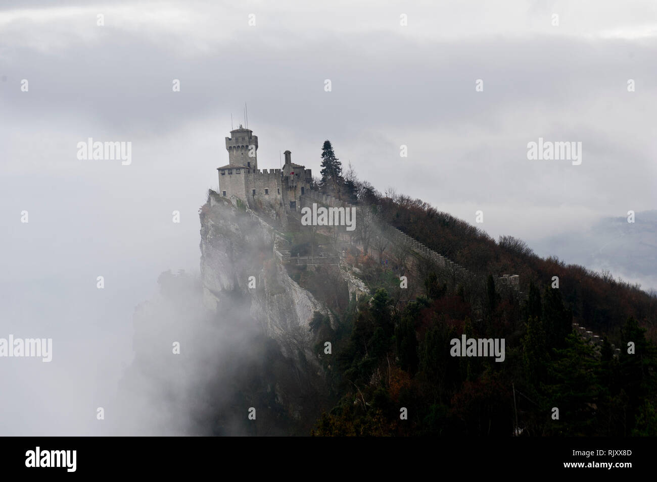 Europe, italy, Marche, The Guaita fortress (Prima Torre) is the oldest and the most famous tower, Monte Titano, San Marino. It was built in the 11th Stock Photo