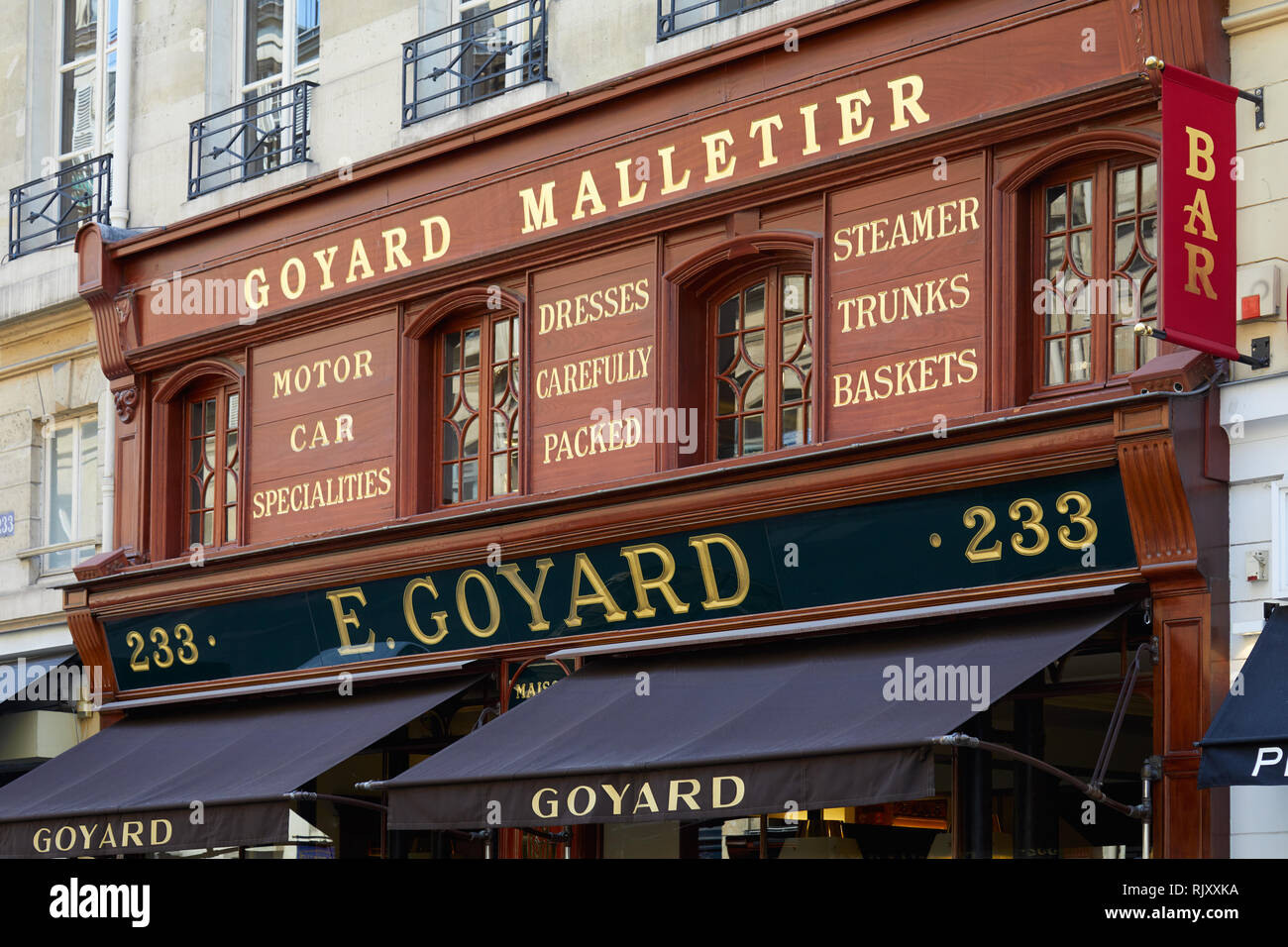 PARIS, FRANCE - JULY 07, 2018: Goyard luxury shop in Paris with wooden facade and golden letters sign in summer Stock Photo