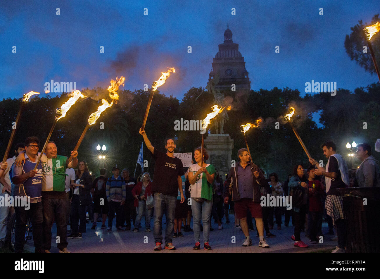 Rosario's main square in Argentina protest demonstration against the rising tariffs and cuts to pensions and salaries in January 2019 Stock Photo