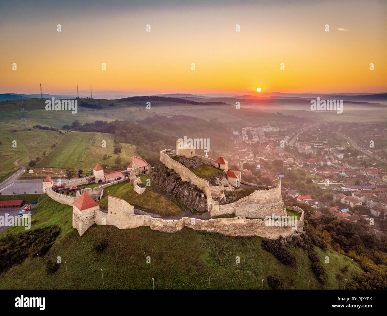 Aerial view of Romania Rupea Fortress at sunrise, Romania symbol in Transylvania Stock Photo