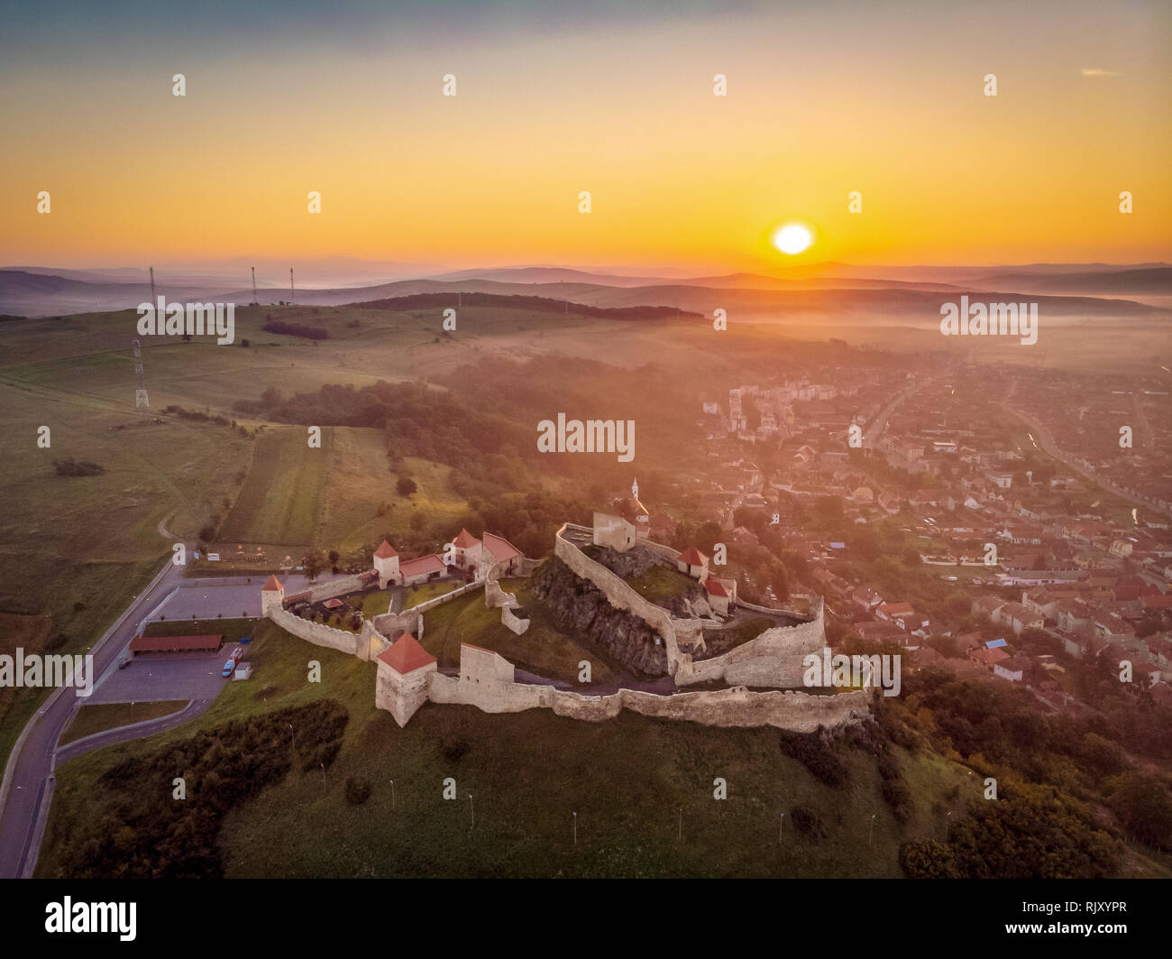 Romania traditional landscape at sunrise at Rupea Fortress in Transylvania,  between Brasov and Sighisoara Stock Photo