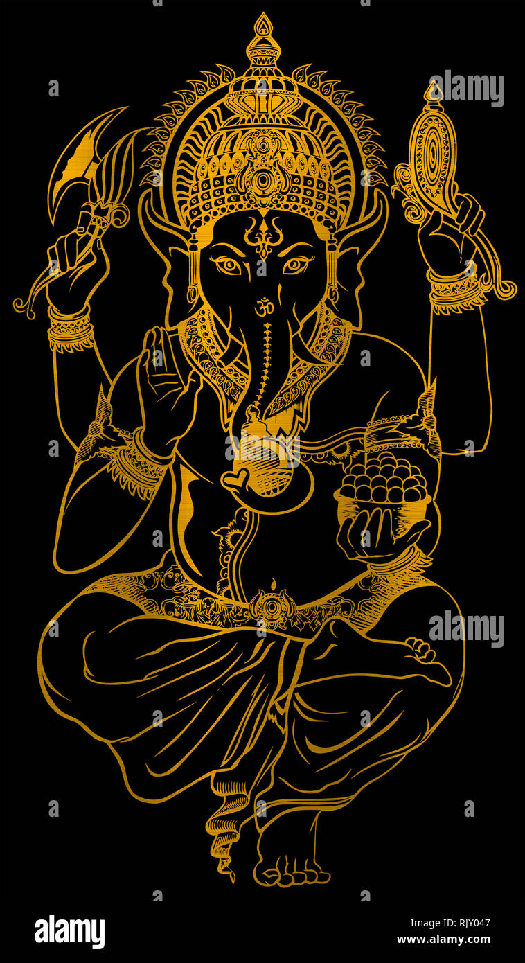 lord faith mythology Ganesha hindu bless god golden illustration black  background Stock Photo - Alamy