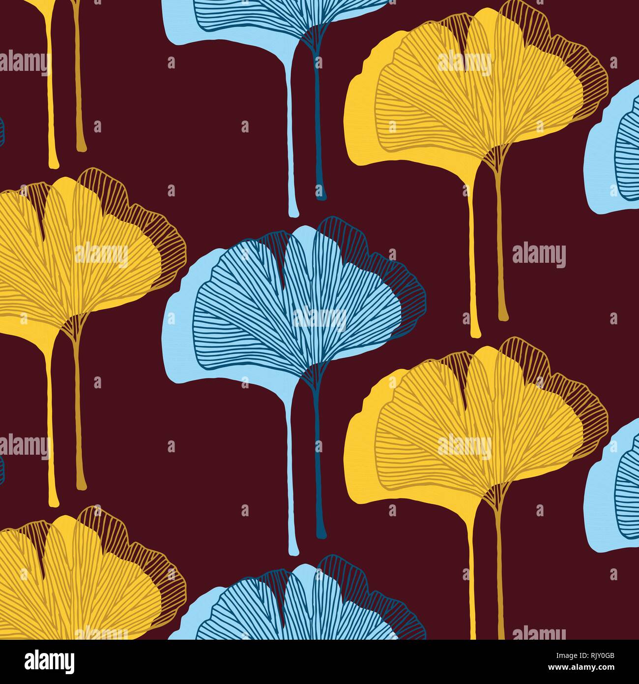Ginkgo leaves vector pattern in yellow, dark red and blue colors palette Stock Vector