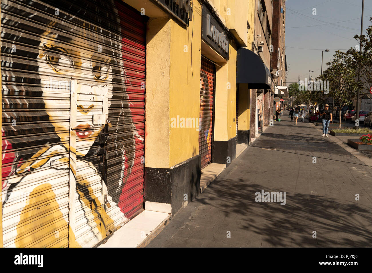 MEXICO CITY, MEXICO - JANUARY 30 2019 - All the shops rolli down gates have graffiti in 20 november business street. Art is all over the capital, and  Stock Photo