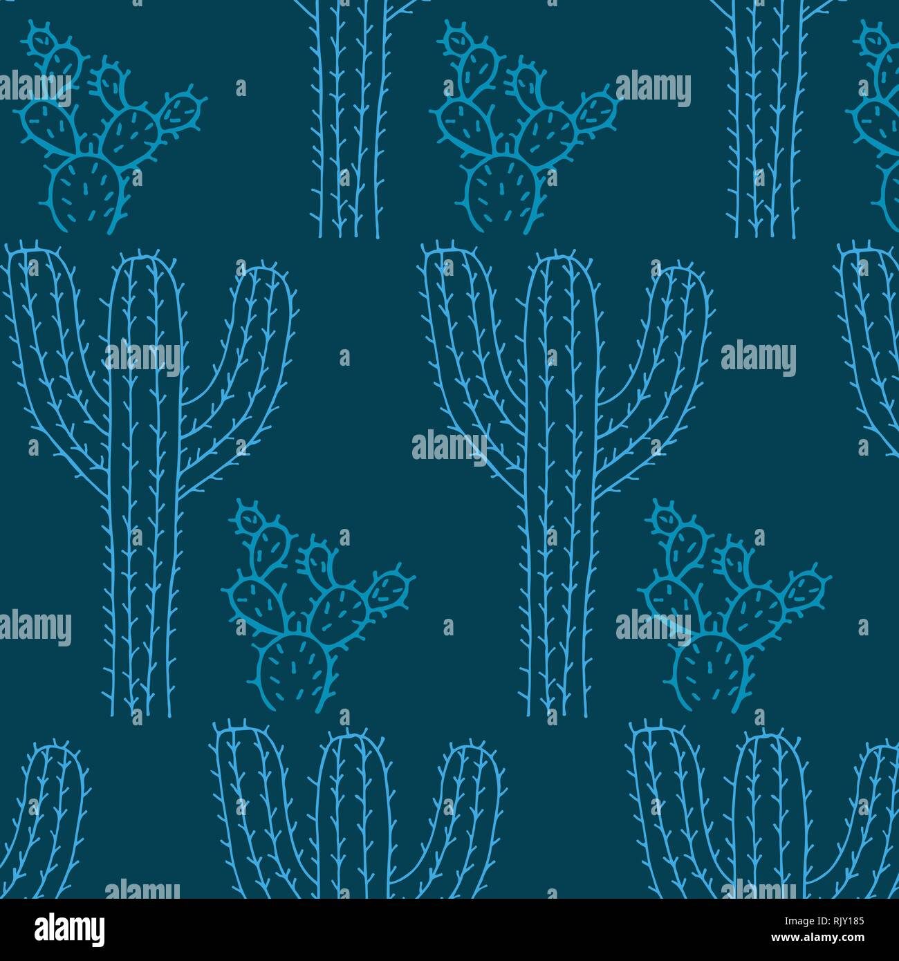 Cactus vector pattern in a blue color palette Stock Vector