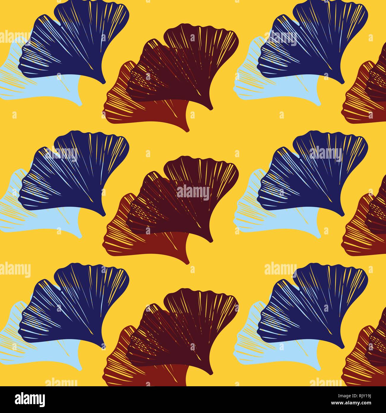 Ginkgo leaves vector pattern in yellow, blue and red colors palette Stock Vector