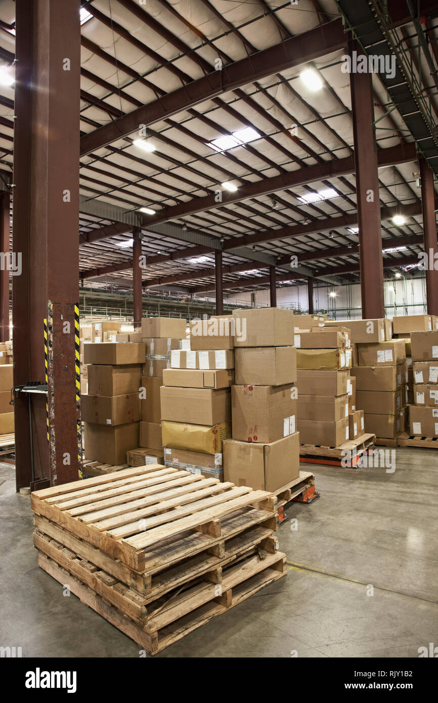 Cardboard boxes and pallets in warehouse Stock Photo Alamy