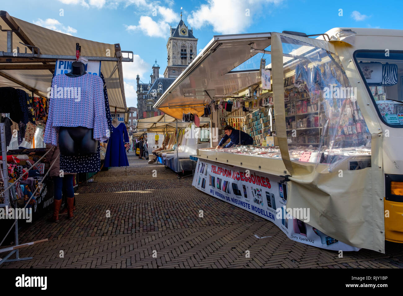 People shopping on the market at the Market square in the center of Delft, Netherlands Stock
