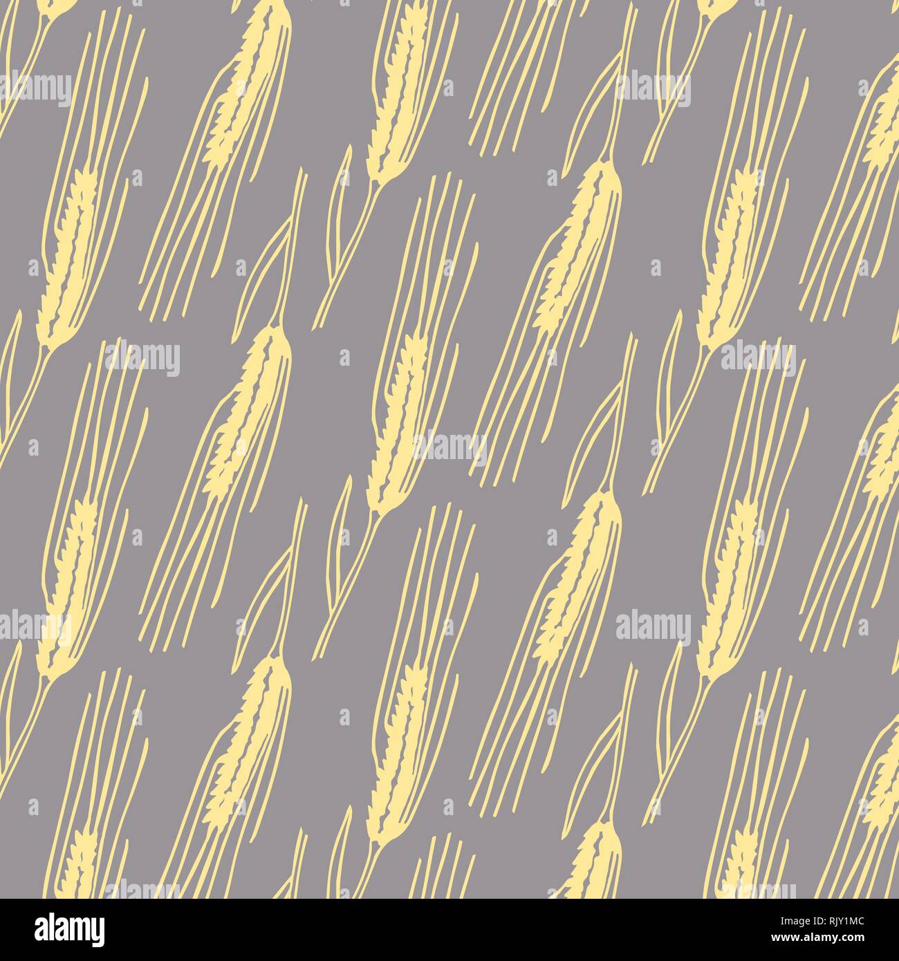 Hand drawn spring wheat vector pattern in yellow color on a gray background Stock Vector