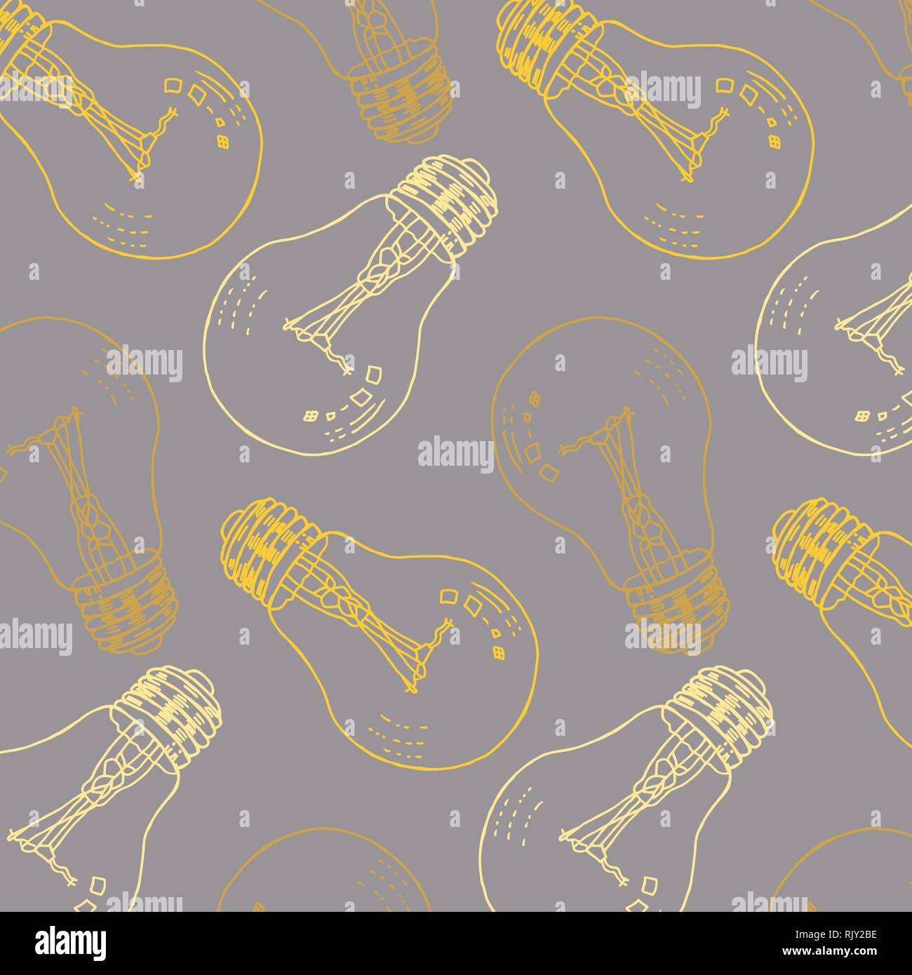 Hand drawn light bulbs vector pattern (idea symbol) in yellow and gray colors palette Stock Vector