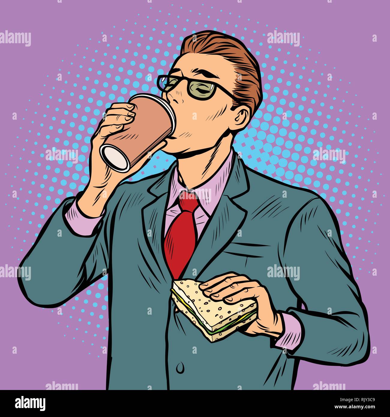 man drinking coffee and eating sandwich Stock Vector