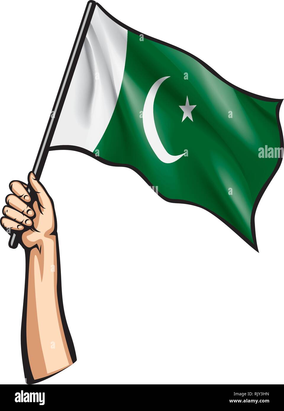 Pakistan flag and hand on white background. Vector illustration Stock Vector