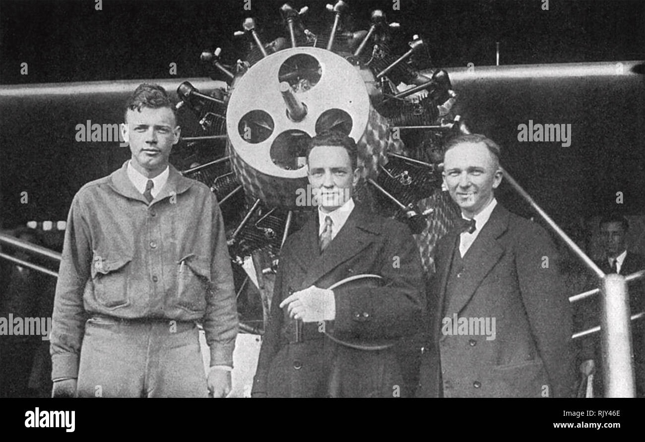 CHARLES LINDBERG American aviator at left next to  fellow pilots Richard Byrd centre and Clarence Chamberlain in May 1927. Lindbergh was shortly to begin his record trans-atlantic flight. Chamberlain and his wife would be the second to make the journey in the following . Stock Photo