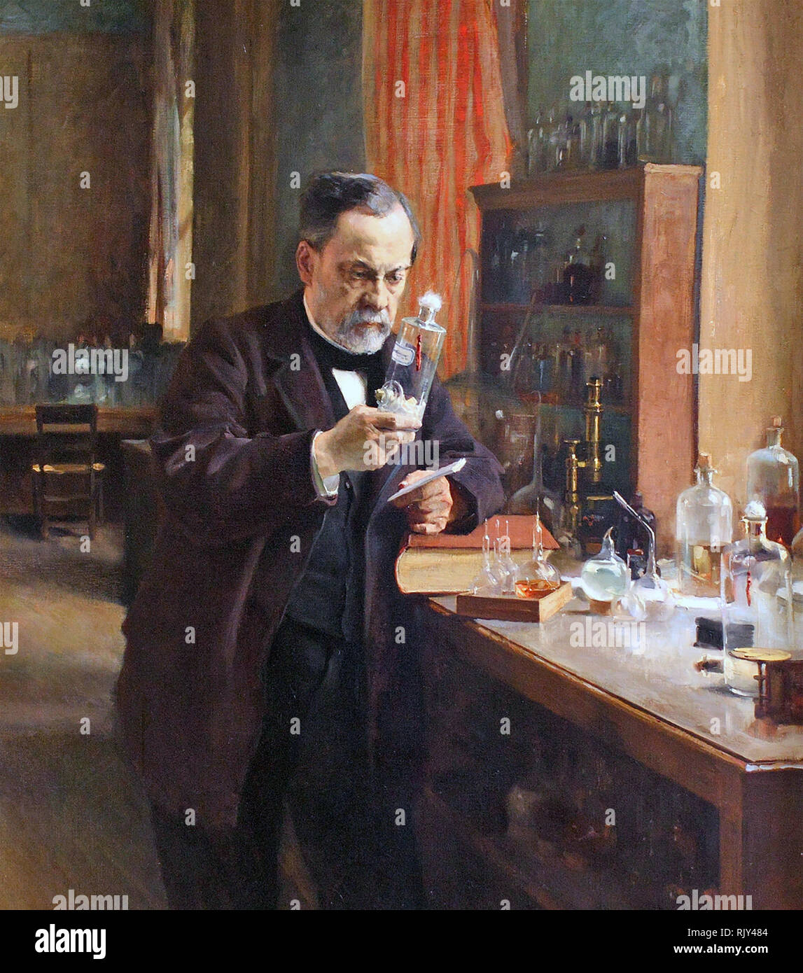 LOUIS PASTEUR (1822-1895) French biologist and chemist in his laboratory painted by Alfred Edelfelt  in 1885 Stock Photo