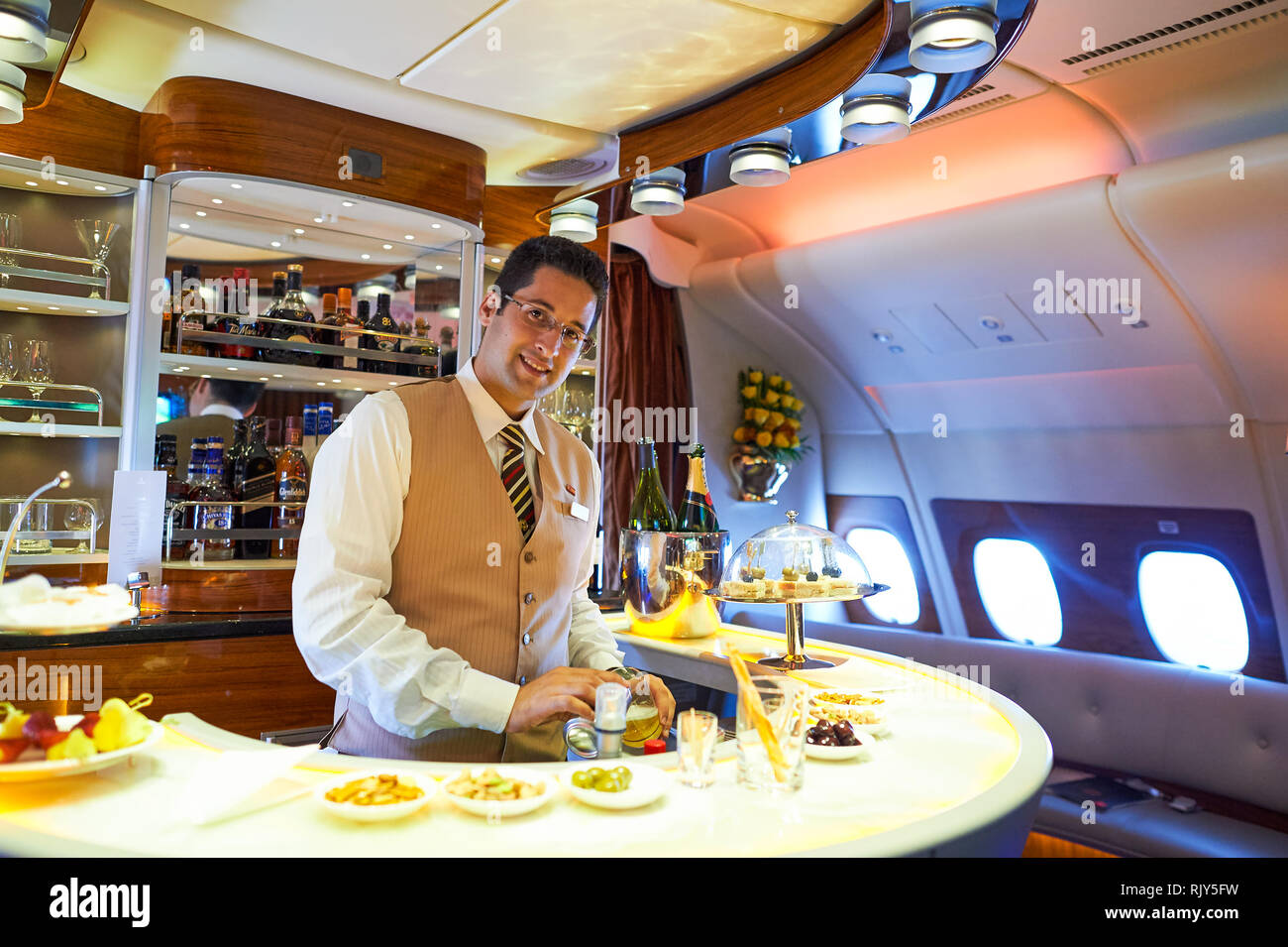 DUBAI, UAE MARCH 31, 2015 interior of Emirates Airbus A380. Emirates