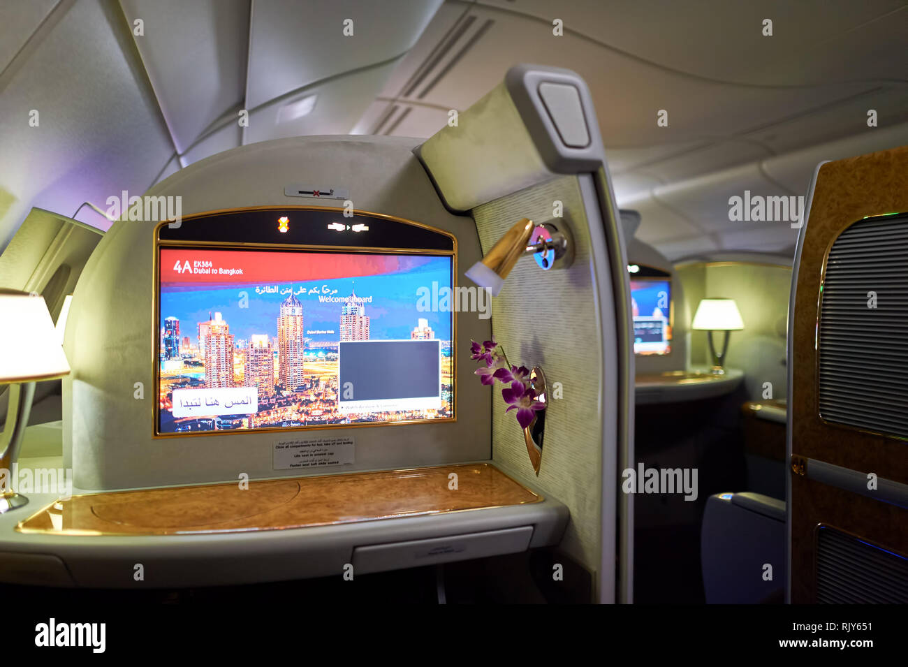 DUBAI, UAE MARCH 31, 2015 interior of Emirates Airbus A380. Emirates