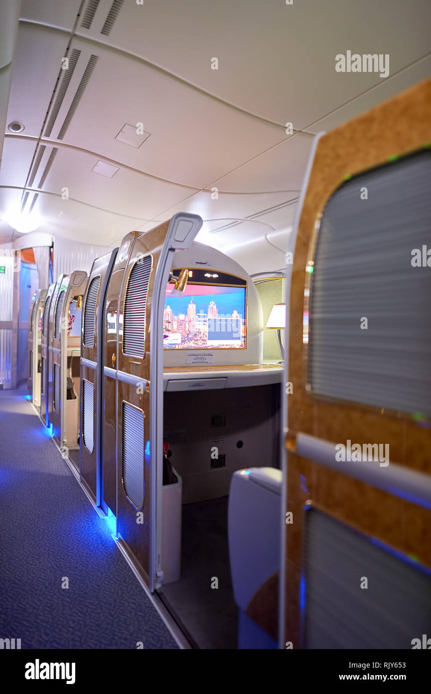 DUBAI, UAE MARCH 31, 2015 interior of Emirates Airbus A380. Emirates
