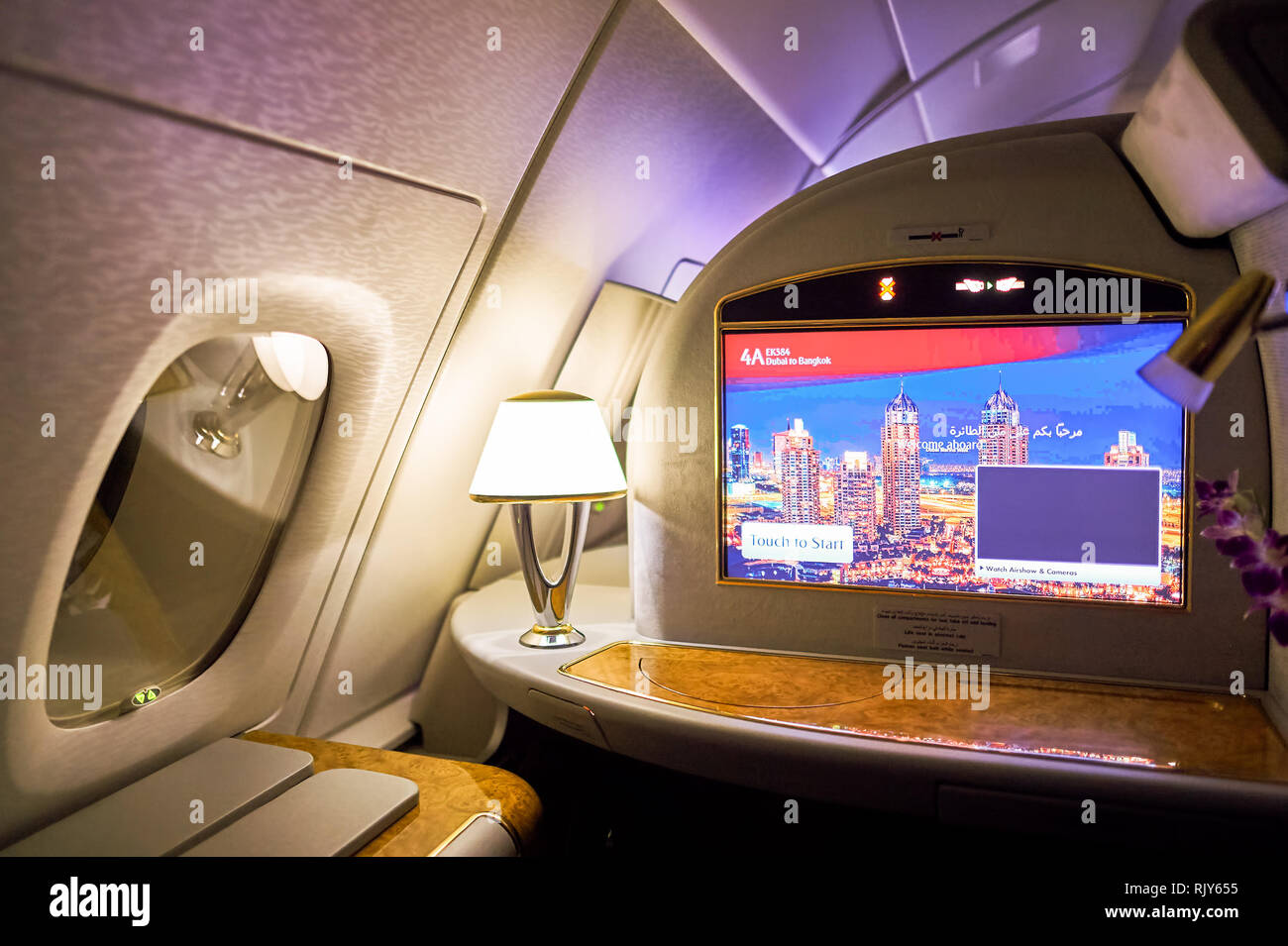DUBAI, UAE MARCH 31, 2015 interior of Emirates Airbus A380. Emirates
