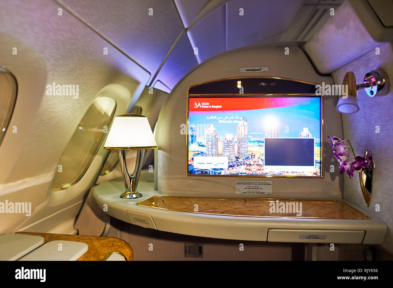 DUBAI, UAE MARCH 31, 2015 interior of Emirates Airbus A380. Emirates