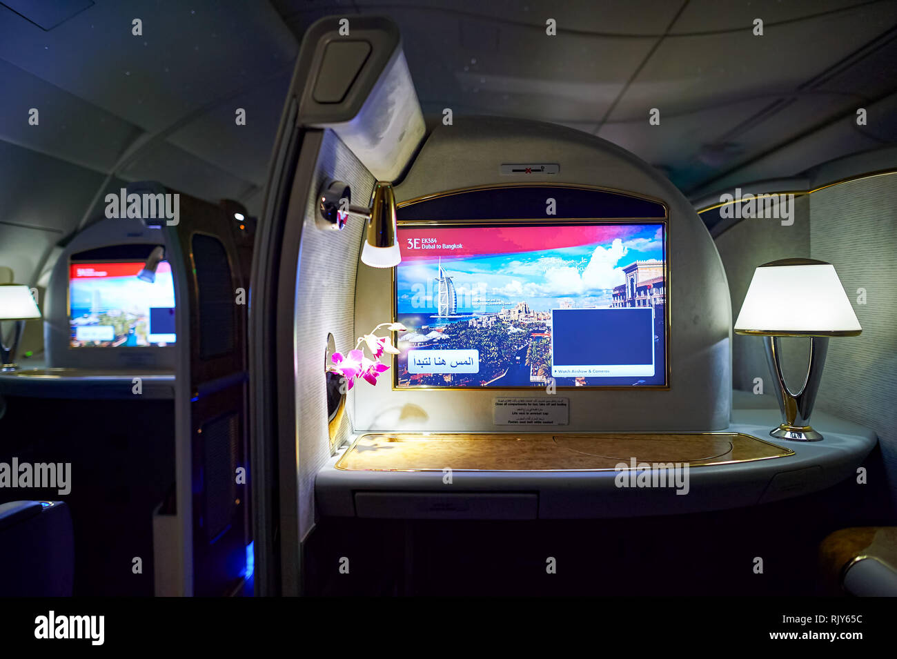 DUBAI, UAE MARCH 31, 2015 interior of Emirates Airbus A380. Emirates