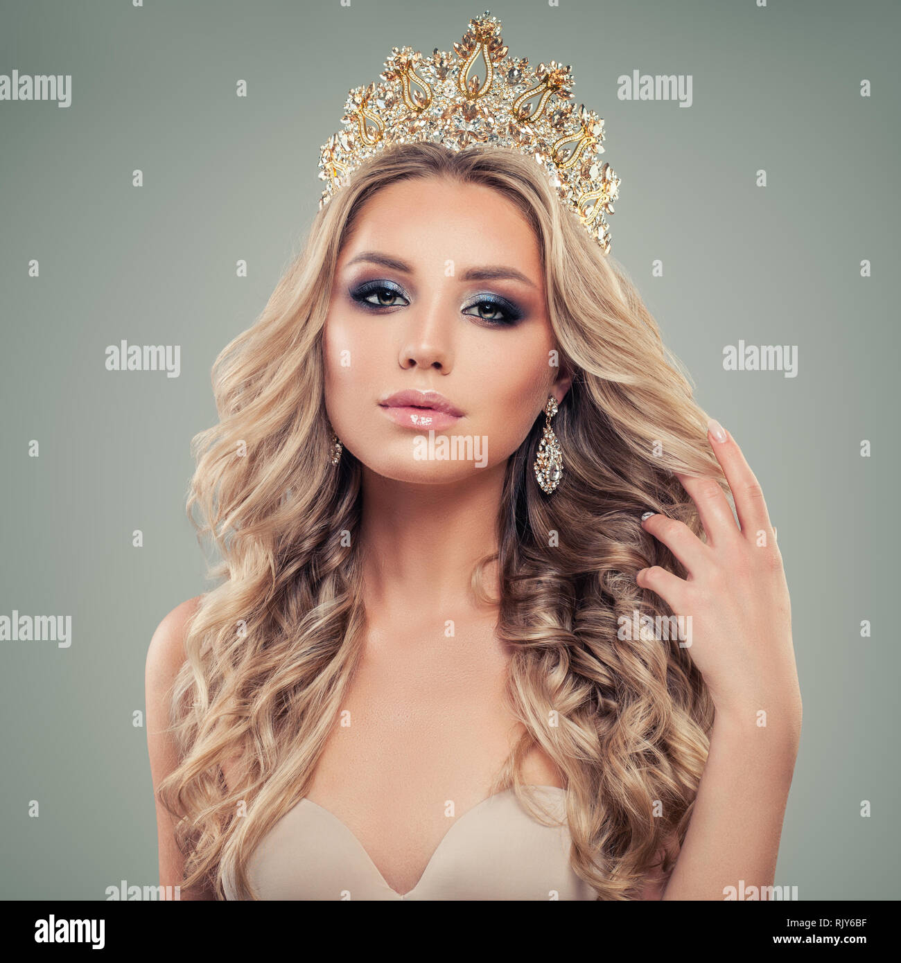 Beautiful Woman In Gold Crown Perfect Blonde Girl With Makeup