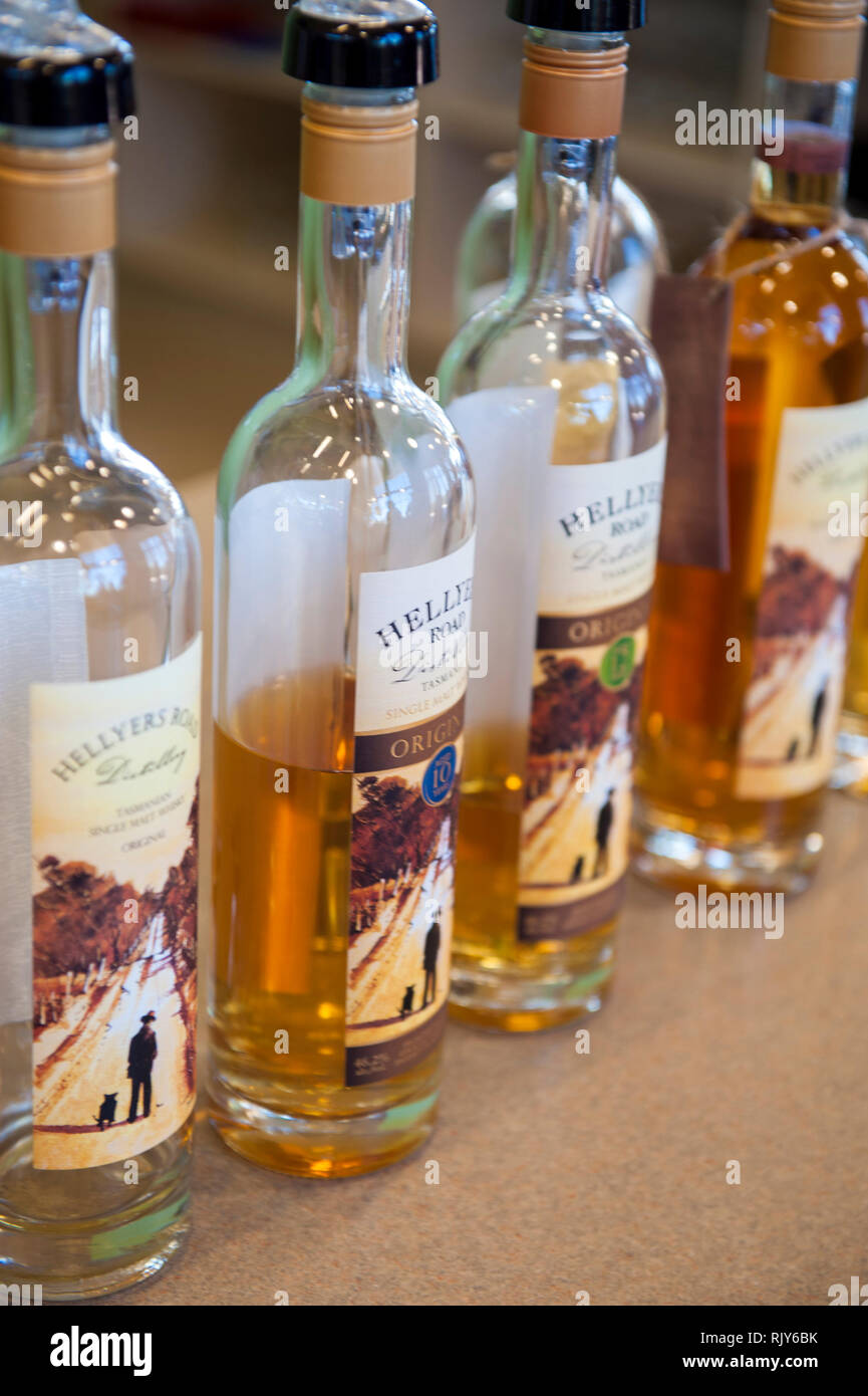 Whisky bottles for sampling at Hellyers Road, a whisky distillery in Burnie, on the north west coast of Tasmania Having the cleanest water in the worl Stock Photo