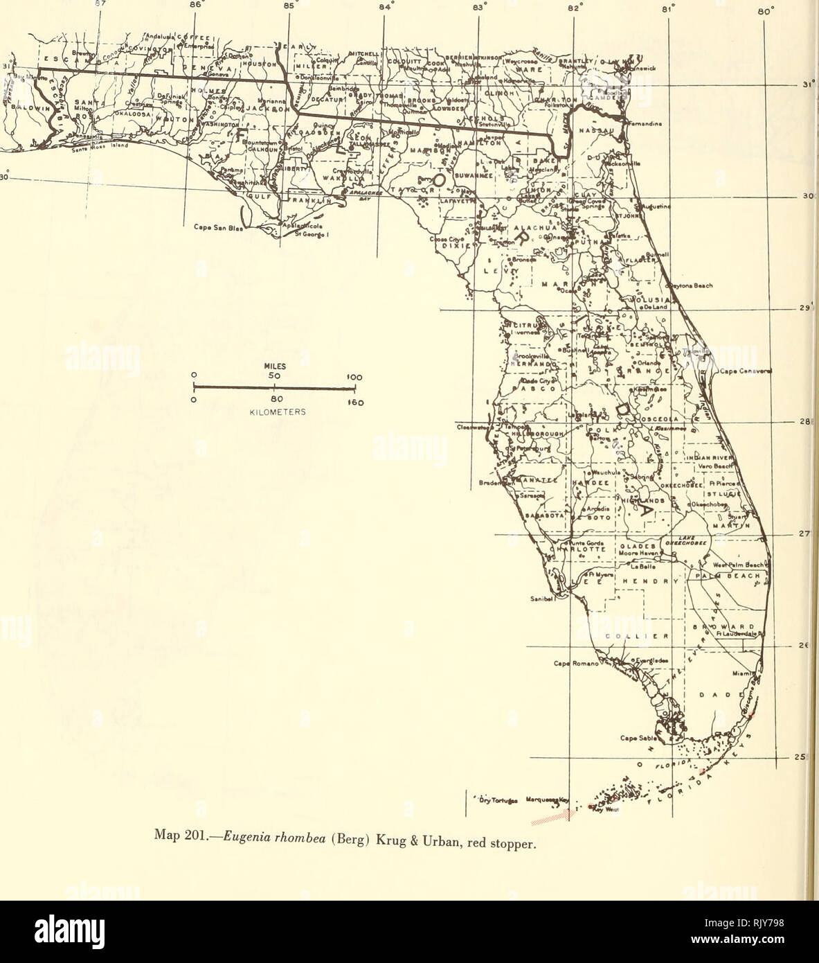 . Atlas of United States trees: volume 5. Florida. Trees. Map 201.—Eugenia rhombea (Berg) Krug &amp; Urban, red stopper.. Please note that these images are extracted from scanned page images that may have been digitally enhanced for readability - coloration and appearance of these illustrations may not perfectly resemble the original work.. Little, Elbert L. (Elbert Luther), 1907-2004; United States. Forest Service. Washington, D. C. : U. S. Dept. of Agriculture, Forest Service Stock Photo