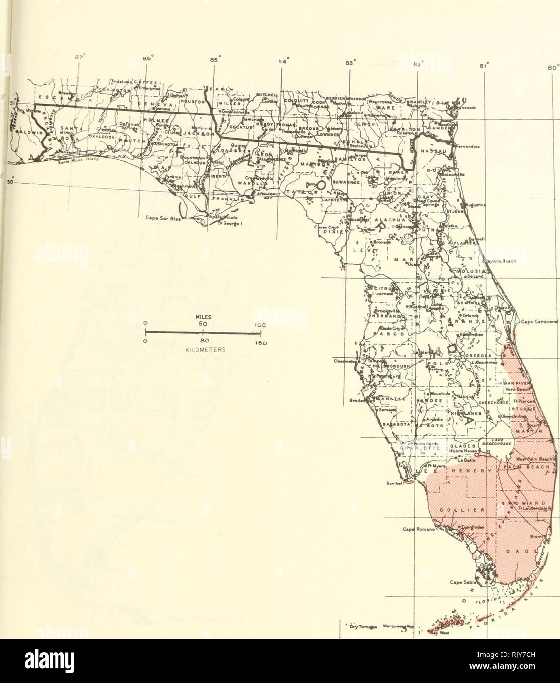 . Atlas of United States trees: volume 5. Florida. Trees. 25 Map 198.—Eugenia axillaris (Sw.) Willd., white stopper.. Please note that these images are extracted from scanned page images that may have been digitally enhanced for readability - coloration and appearance of these illustrations may not perfectly resemble the original work.. Little, Elbert L. (Elbert Luther), 1907-2004; United States. Forest Service. Washington, D. C. : U. S. Dept. of Agriculture, Forest Service Stock Photo