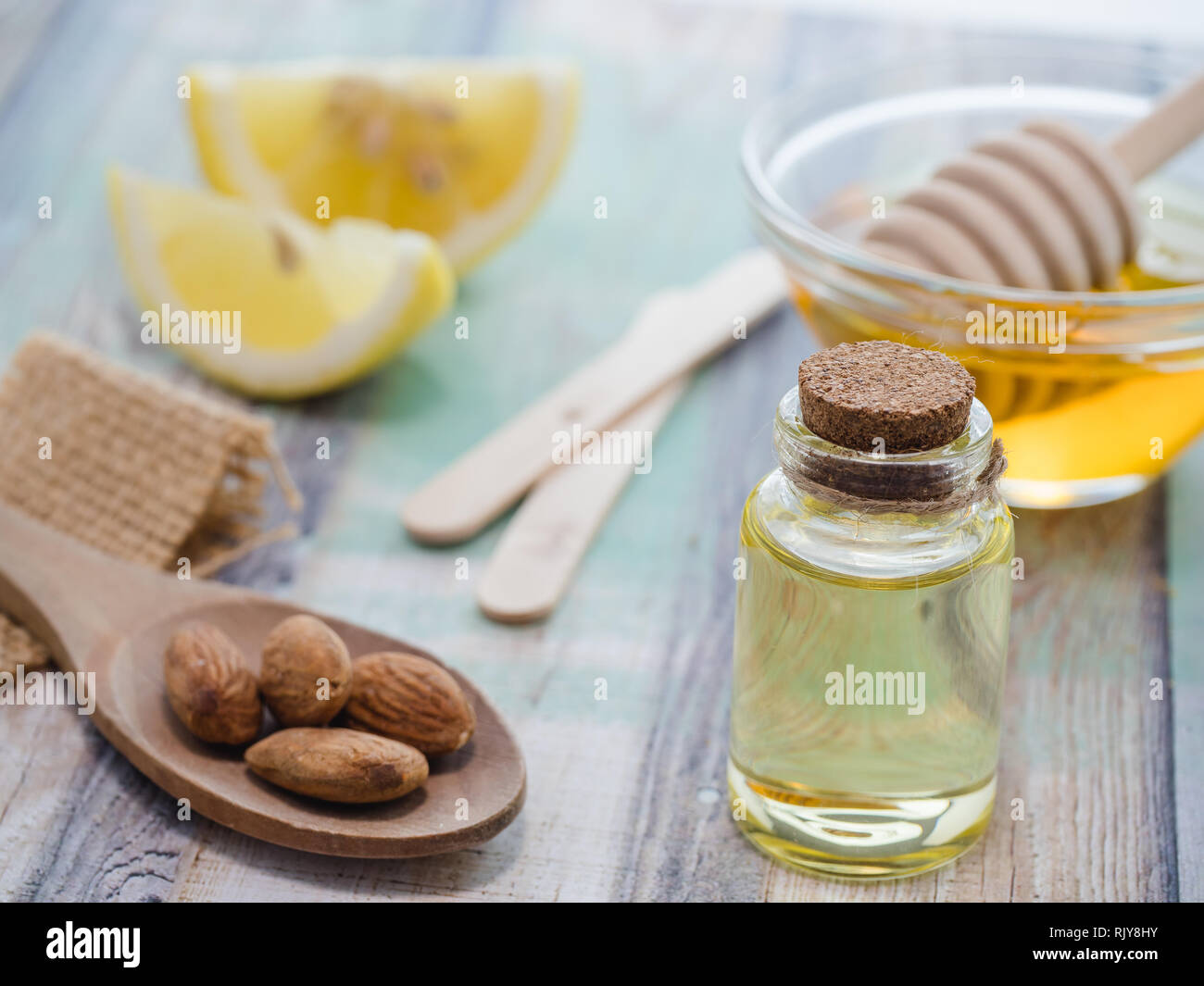 skin care natural products ingredients honey, lemon , almonds oil