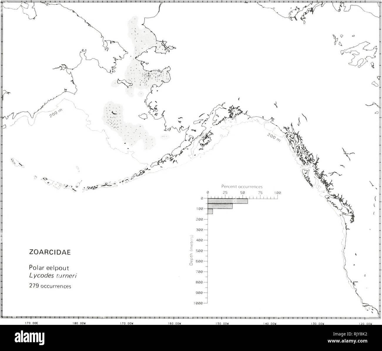 . Atlas and zoogeography of common fishes in the Bering Sea and Northeastern Pacific / M. James Allen, Gary B. Smith. Fishes Bering Sea Geographical distribution.. POLAR EELPOUT, Lycodes turned Bean 1879 Zoarcidae: Eelpouts Literature Reported from the Anadyr Gulf and Norton Sound in the northern Bering Sea, north to the Alaskan Arctic and the Kara Sea, and in the North Atlantic from western Greenland and Hamilton Inlet, Labrador, south to the northern Gulf of Saint Lawrence (An- driyashev 1954; Leim and Scott 1966; Okada and Kobayashi 1968), from &quot;shallow&quot; to 64 m (Howe 1981). Surve Stock Photo