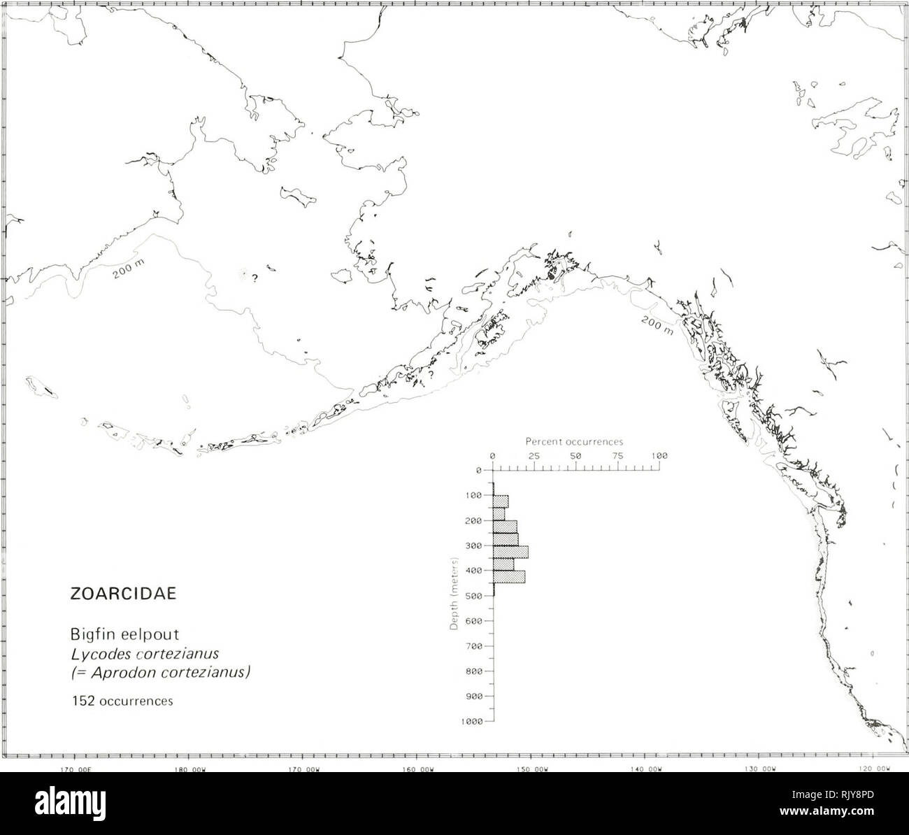 . Atlas and zoogeography of common fishes in the Bering Sea and Northeastern Pacific / M. James Allen, Gary B. Smith. Fishes Bering Sea Geographical distribution.. BIGFIN EELPOUT, Lycodes cortezianus (Gilbert 1890) Zoarcidae: Eelpouts Taxonomic comment The bigfin eelpout is Aprodon cortezianus in Robins (1980), but Eschmeyer and Herald (1983) and E. M. Anderson (Dep. Ichthyol., Calif. Acad. Sci., San Francisco, CA 94118, pers. commun. April 1984) place this species in the genus Lycodes. Literature Reported from Queen Charlotte Sound, British Columbia, to San Diego, California (Miller and Lea 1 Stock Photo